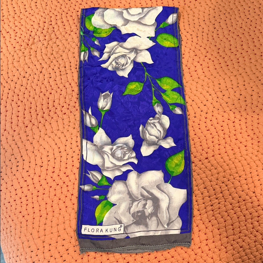 VintageFlora Kung Blue Floral 100 Silk Scarf With White Roses